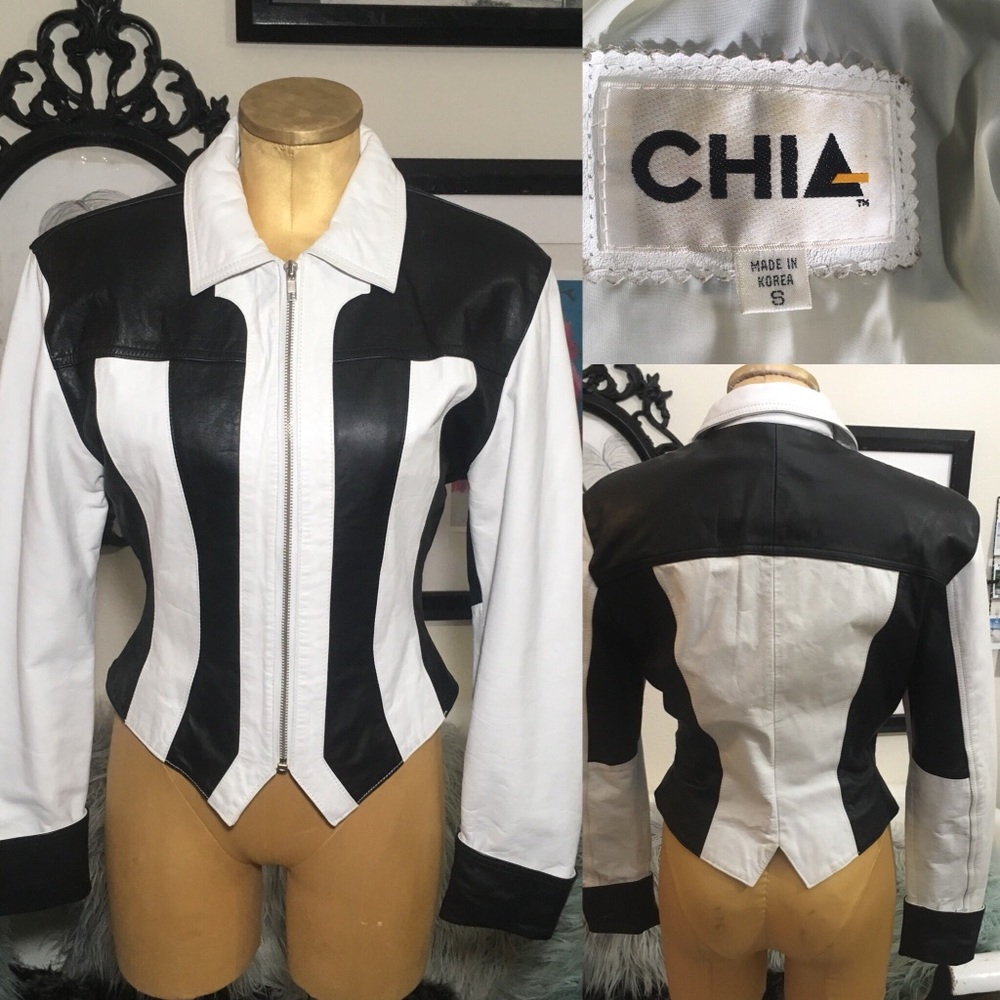 Vintage leather jacket chia black and white sz s *